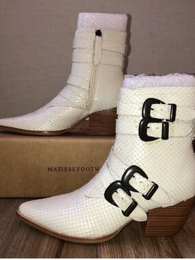 White Matisse Harvey Leather Double Buckle Ankle Boots Snakeskin Deadstock Sz 7M